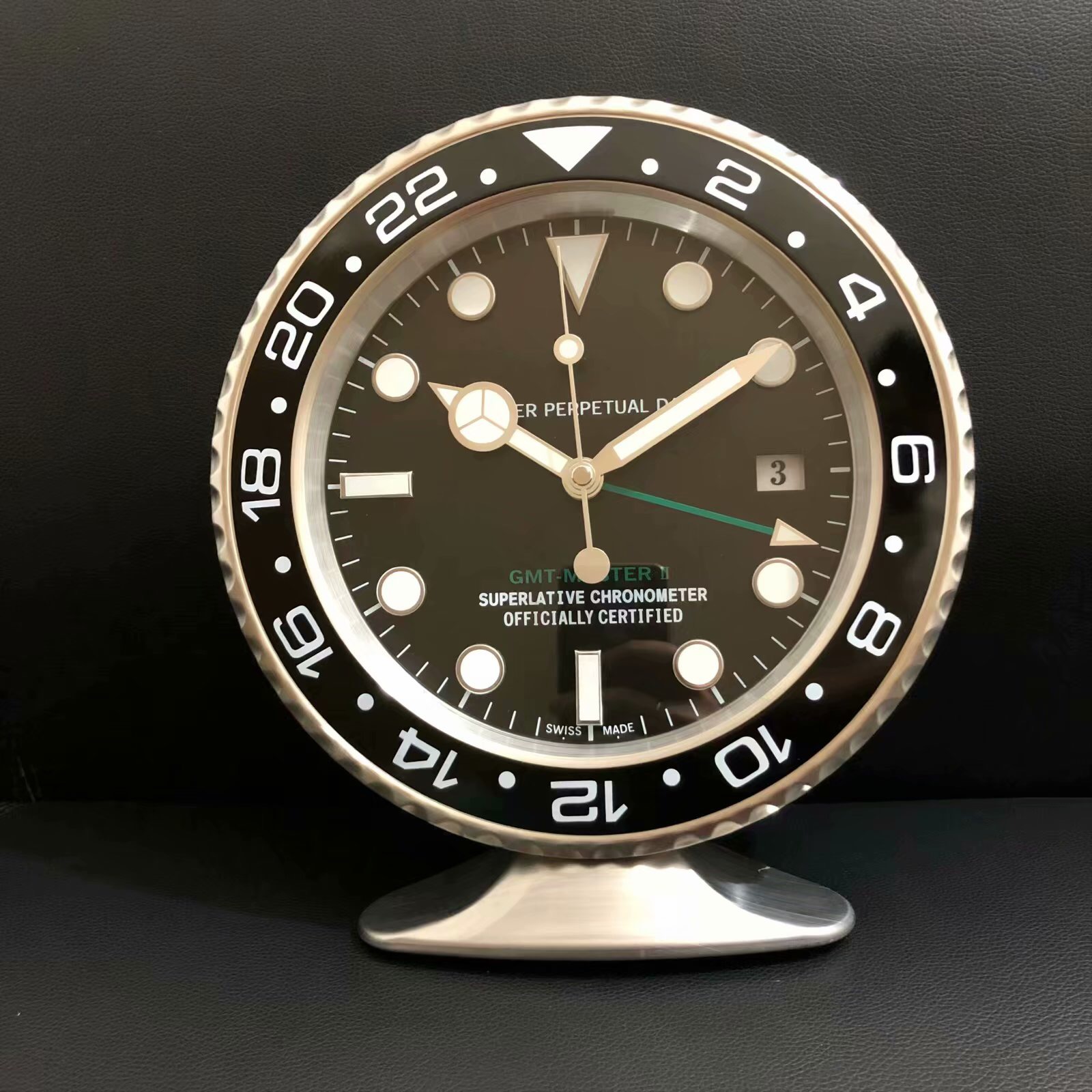 R GMT Table Clock Black Bezel with Night vision